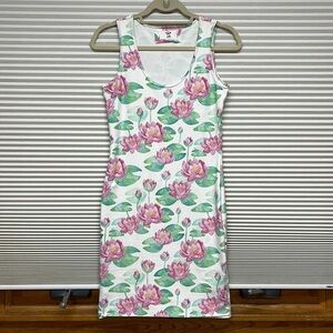 Lula Activewear White Pink Lotus Flower Print Activewear Tank Dress Size Small